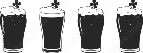 Four beer glasses with frothy foam and shamrocks, festive black and white illustration symbolizing St. Patrick’s Day celebration, Irish culture, and holiday decoration design