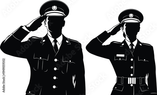 Black and white silhouette illustration of two uniformed military or police officers saluting, wearing peaked caps, jackets, ties, and ceremonial attire representing discipline, honor, and service.