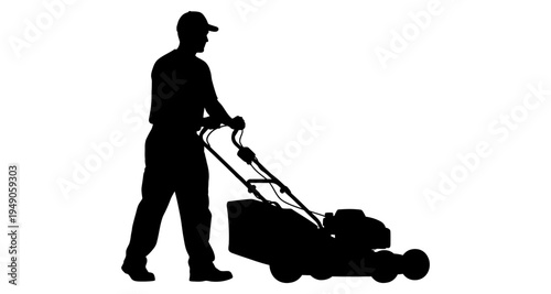 Silhouette of a man pushing a lawnmower on a white background