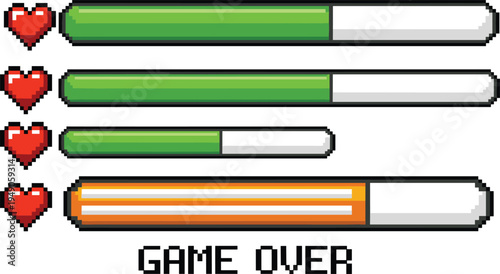 Pixelated retro video game health bars with hearts and game over text, vintage arcade style interface, nostalgic gamer design for digital art and backgrounds