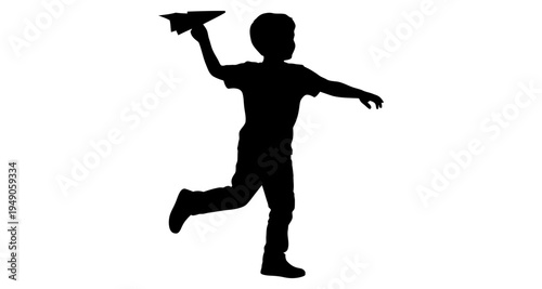 Silhouette of a child launching a paper airplane with outstretched arms