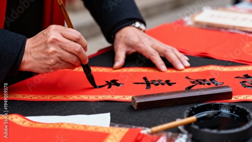 Detailed close-up of hands creating traditional Chinese New Year blessing banner with black ink on vibrant red paper.