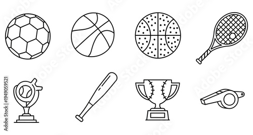 Line art illustration depicting various sports equipment and a winning trophy