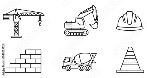 Construction equipment and safety icons in a simple line art style