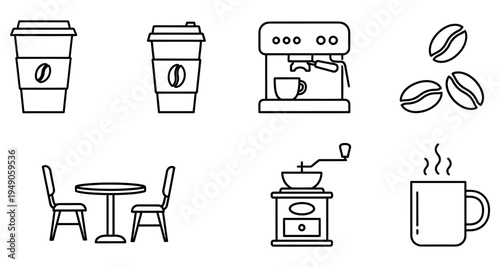 Simple line drawings depict coffee cafe items and related elements