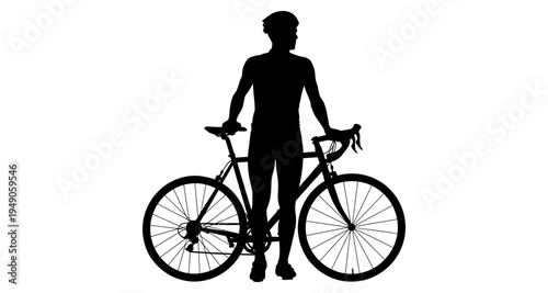 Silhouette of a cyclist standing with a road bike against white