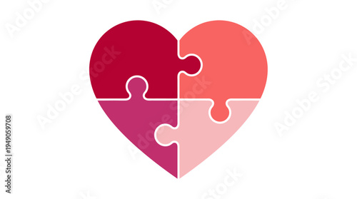 Heart shaped puzzle pieces in shades of red and pink symbolizing love and connection cutout on alpha channel