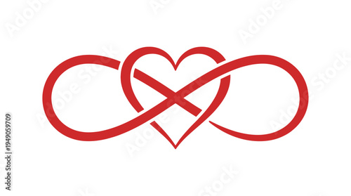 Infinity symbol intertwined with a heart design in vibrant red color on a clean backdrop transparent background and plain white background