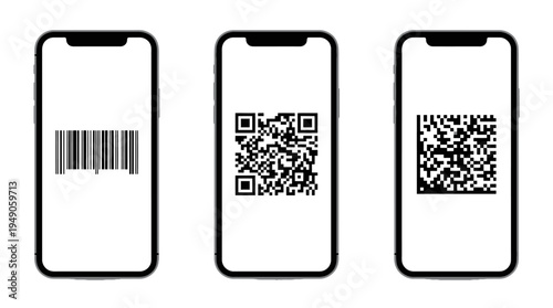 Three mobile phones displaying a barcode and two different qr codes on their screens png with transparency