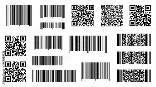 Various barcode and qr code designs arranged in a grid pattern showcasing different styles and formats cutout on alpha channel