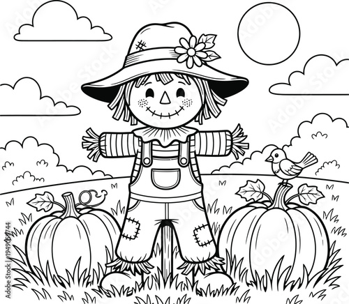 Vector scarecrow illustration with pumpkins and sunny sky