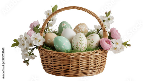 Easter eggs in wicker basket eggs in basket easter basket decorated eggs isolated on a transparent background