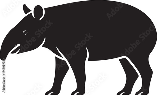 Black Silhouette of a Tapir on White Background, Wildlife Animal Icon