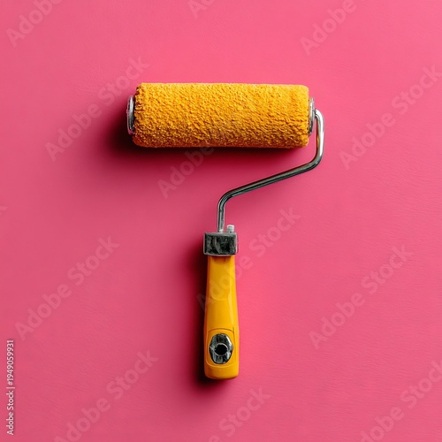 Painting Roller on Pink Background, DIY Project, Indoor Environment, Close-Up Viewpoint