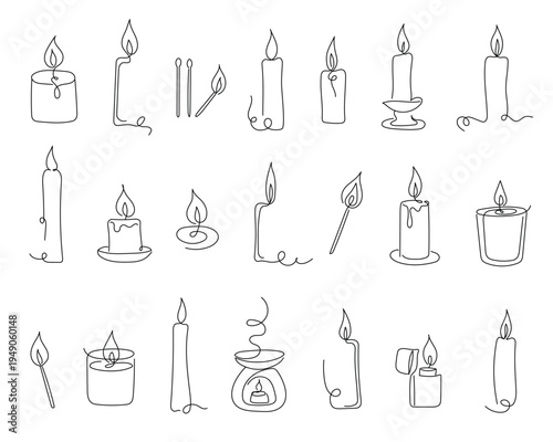 Minimal candle icons set continuous one line art candles flame match lighter aroma lamp collection