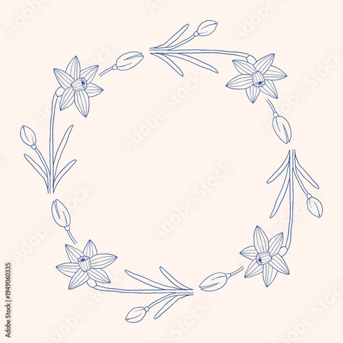Vector elegant floral wreath with delicate daffodil line art flowers. Narcissus outline frame for spring wedding invitation, greeting card, social media post and modern decorative poster.