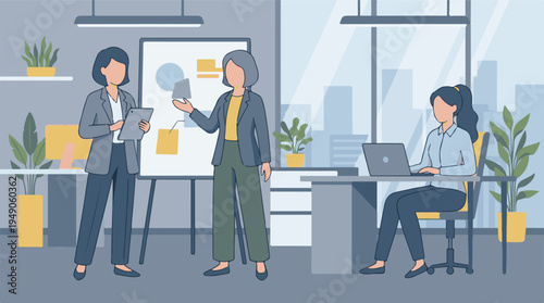 Group of businesswomen discussing and working in a contemporary office