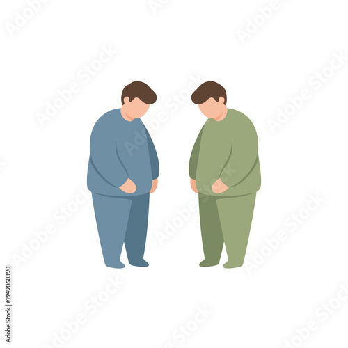 Two overweight men, one in blue and one in green, stand with their heads bowed, appearing reflective or self-conscious about their bodies.