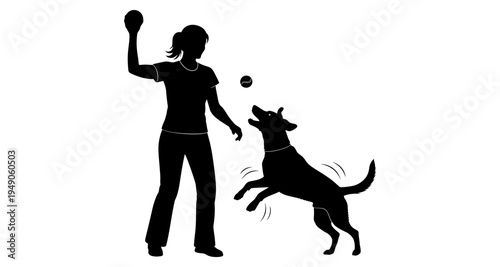 Silhouette of a woman playing fetch with her energetic dog outdoors