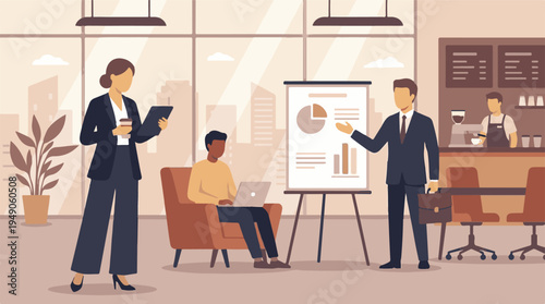 Business professionals analyzing data and presenting in modern office