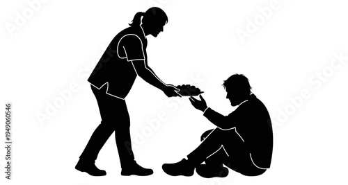 A silhouette of a woman giving food to a kneeling man outdoors