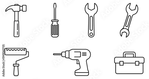 Simple line drawing depicts various common hand tools and a toolbox
