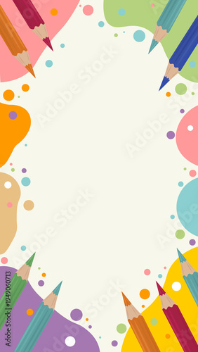 Colorful pencil frame with paint splatters and dots