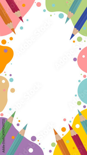 Colorful pencil frame with paint splatters and dots