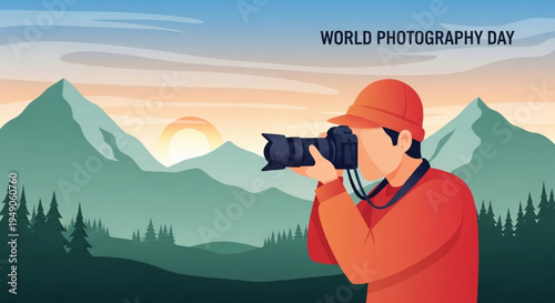 Photographer capturing sunset over mountains on world photography day with a scenic landscape