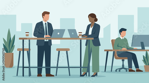 Diverse professionals collaborating and working in a modern open office