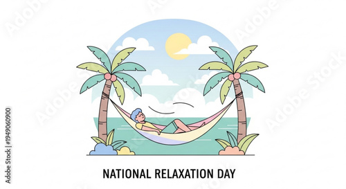 Person relaxing in hammock between palm trees on national relaxation day at beach