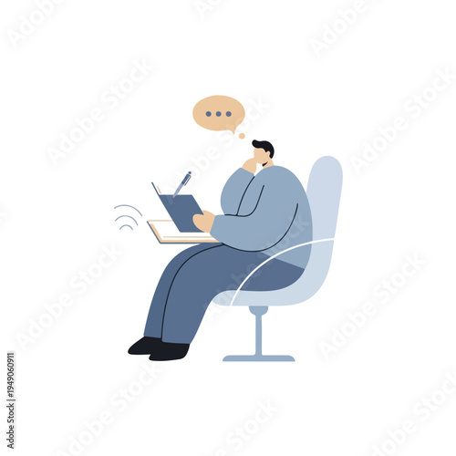 A person sits at a desk, contemplating while writing in a notebook, with thought bubbles and sound waves indicating deep thought or an interactive learning session.