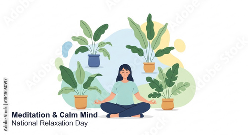 Woman meditating surrounded by lush green plants for relaxation and calmness on national relaxation day