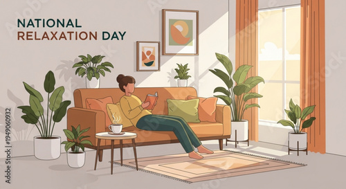 Woman relaxing on couch with plants national relaxation day indoor scene
