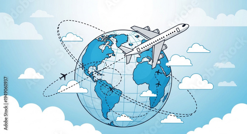 Airplane flying around the globe with flight routes and clouds in the sky
