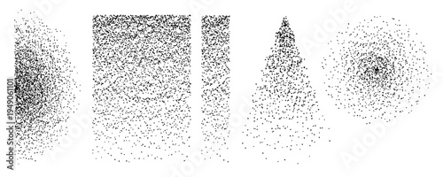 Abstract particle composition showing several geometric shapes created from thousands of small dots. Square, circle, triangle and vertical forms built with scattered particles on a light background. M
