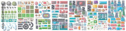 Large collection of city map elements in top view. Set includes buildings, houses, skyscrapers, roads, intersections, bridges, railways, parks, trees, stadiums, airports, ports, industrial areas.