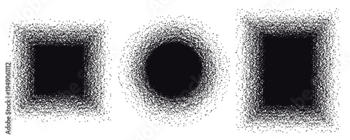 Abstract particle banner composition with geometric shapes made of thousands of small dots. Square and circle forms created with dust particle dispersion effect on a light background. 