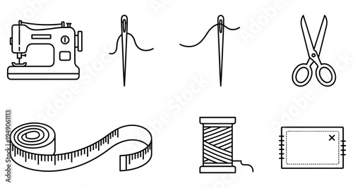 Line art illustration of sewing tools and accessories in a neat arrangement