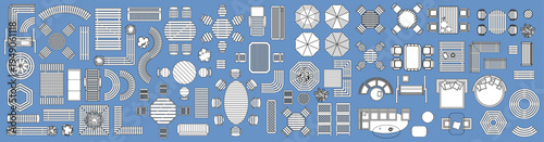 Top view of collection of outdoor and garden furniture in top view. Set includes different types of patio tables, chairs, benches, loungers, umbrellas and seating arrangements. 