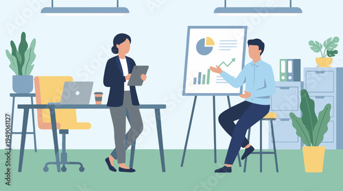 Business professionals analyzing data and growth during office presentation