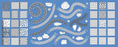 Top view of collection of garden path and walkway designs with various paving patterns and stone surfaces. Set includes curved paths, pebble roads, tile pavements, brick layouts.