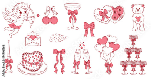 Coquette wedding set in hand drawn vintage doodle style. Whimsical and elegant wedding elements. Save the date.