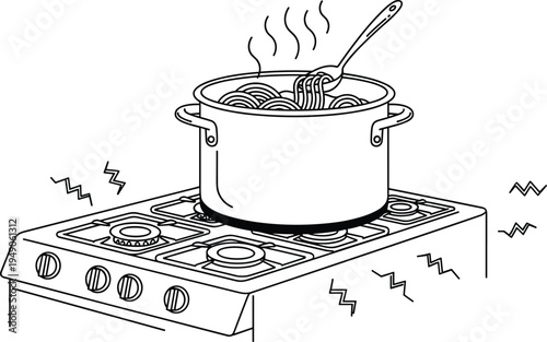 Cooking pasta pot on gas stove line illustration, kitchen food preparation concept, boiling spaghetti meal vector icon