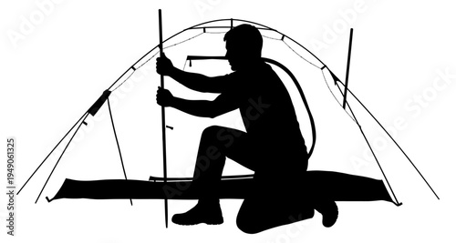 A silhouette of a person assembling a curved camping tent outdoors