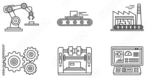Industrial automation icons depicting robotics manufacturing and factory processes high quality