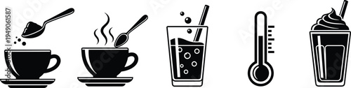 Coffee and beverage icons set, hot drink cup preparation process, iced drink thermometer milkshake vector illustration collection