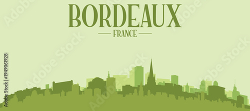 Green panoramic poster of the city skyline with solid background buildings on a hilly terrain of BORDEAUX, FRANCE