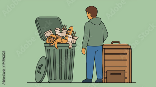Person observing overflowing food waste next to a compost bin