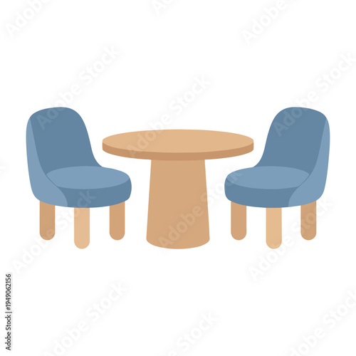 A simple vector illustration displays a minimalist wooden round table flanked by two cozy blue chairs, suggesting a small dining or conversational area.